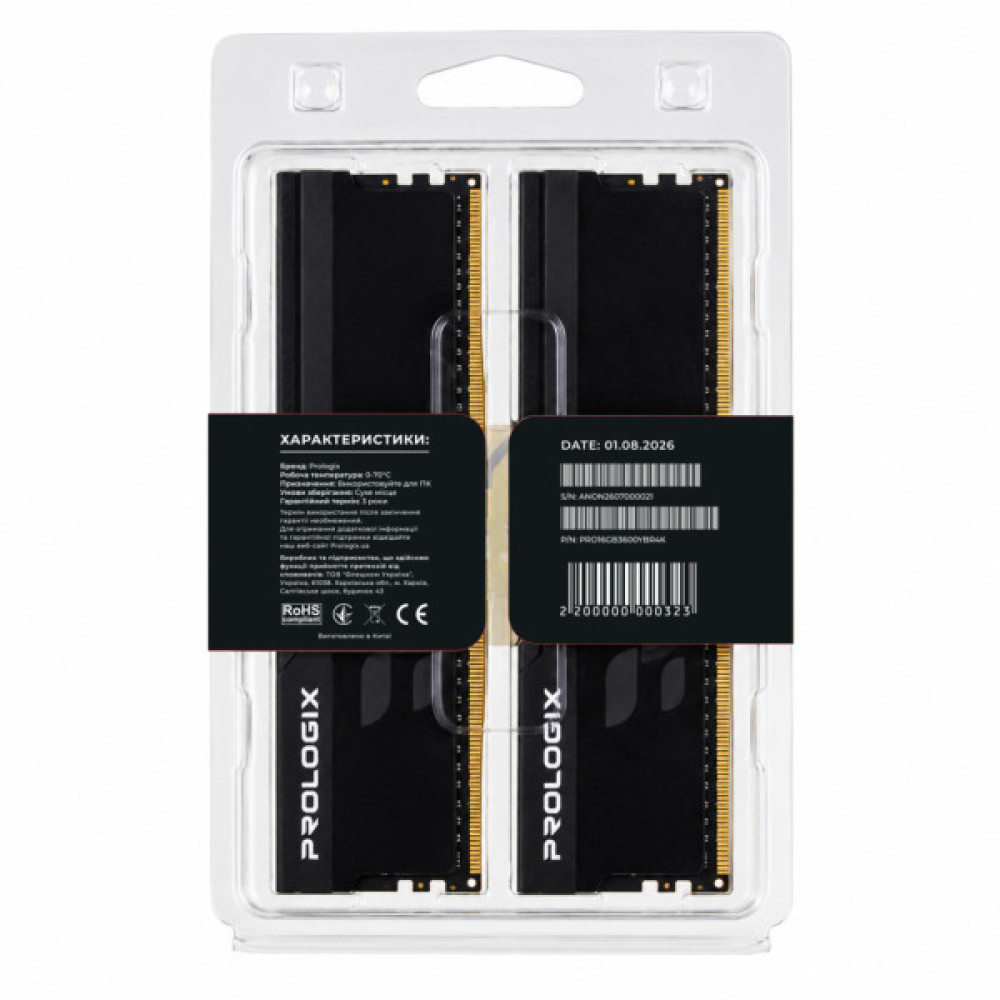 Модуль пам'яті для комп'ютера DDR4 16GB (2x8GB) 3600 MHz Onyx Black RGB Prologix (PRO16GB3600YBR4K)