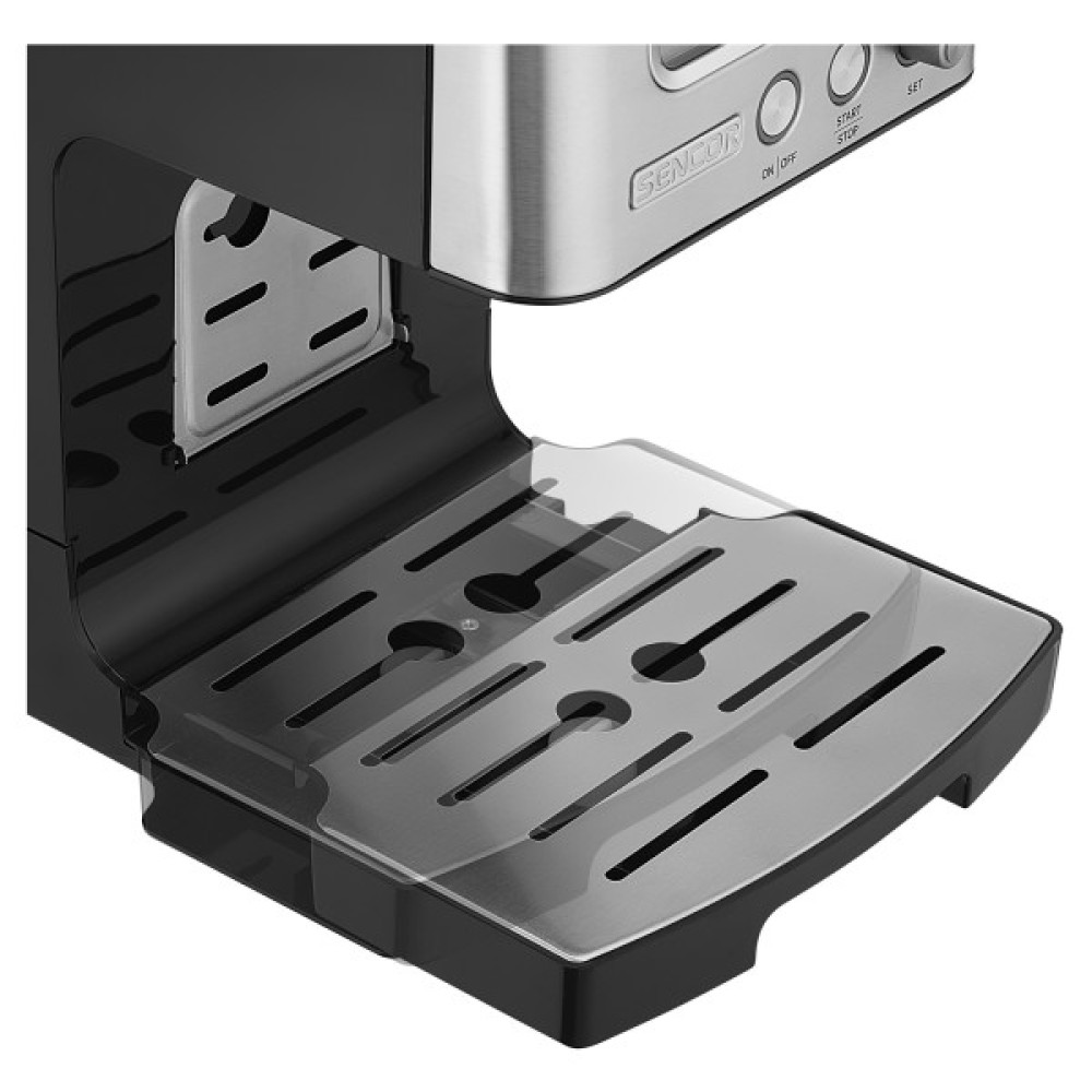 Кавоварка Sencor ріжкова 1.4л, мелена, автоматичний капучинатор, LCD-дисплей, нерж. сталь-чорний