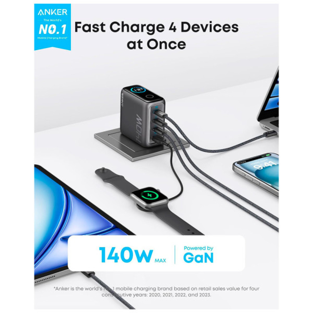 Зарядний пристрій Anker Laptop GaN 140W 3xUSB-C PD3.1 + USB-A + display + cable Black (B2697GZ1)