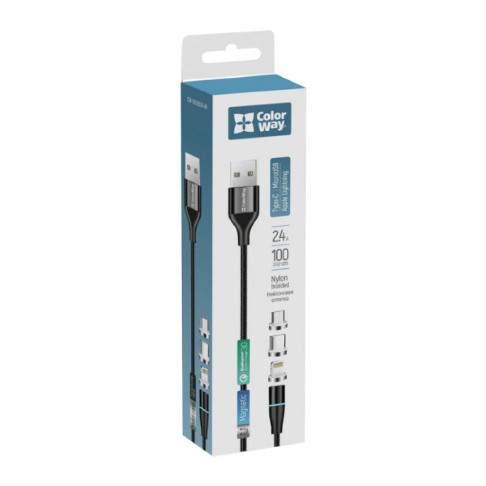 Дата кабель USB 2.0 AM to Lightning + Micro 5P + USB-C 1.0m Magnetic ColorWay (CW-CBUU038-BK)