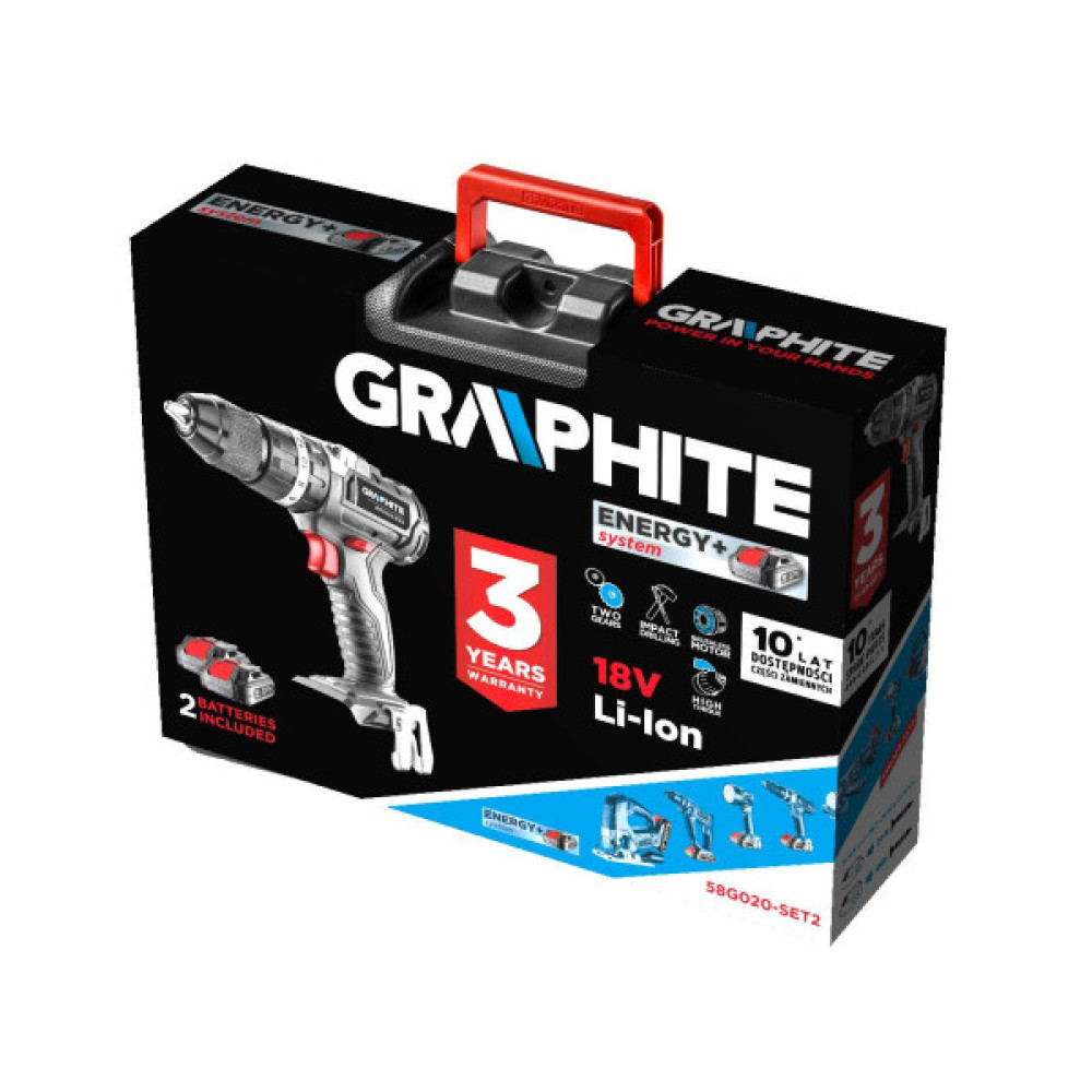 Шурупокрут-дриль акумуляторний GRAPHITE Energy+ 18В 2х2А·год 58Нм 0-500·0-1700об/хв кейс ЗП 1.2кг