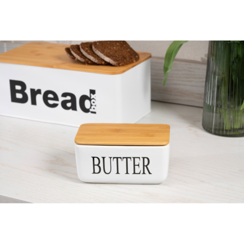 Маслянка кухонна Ardesto Midori 16.5х10х8см, кераміка, бамбук, біла (AR0908W)