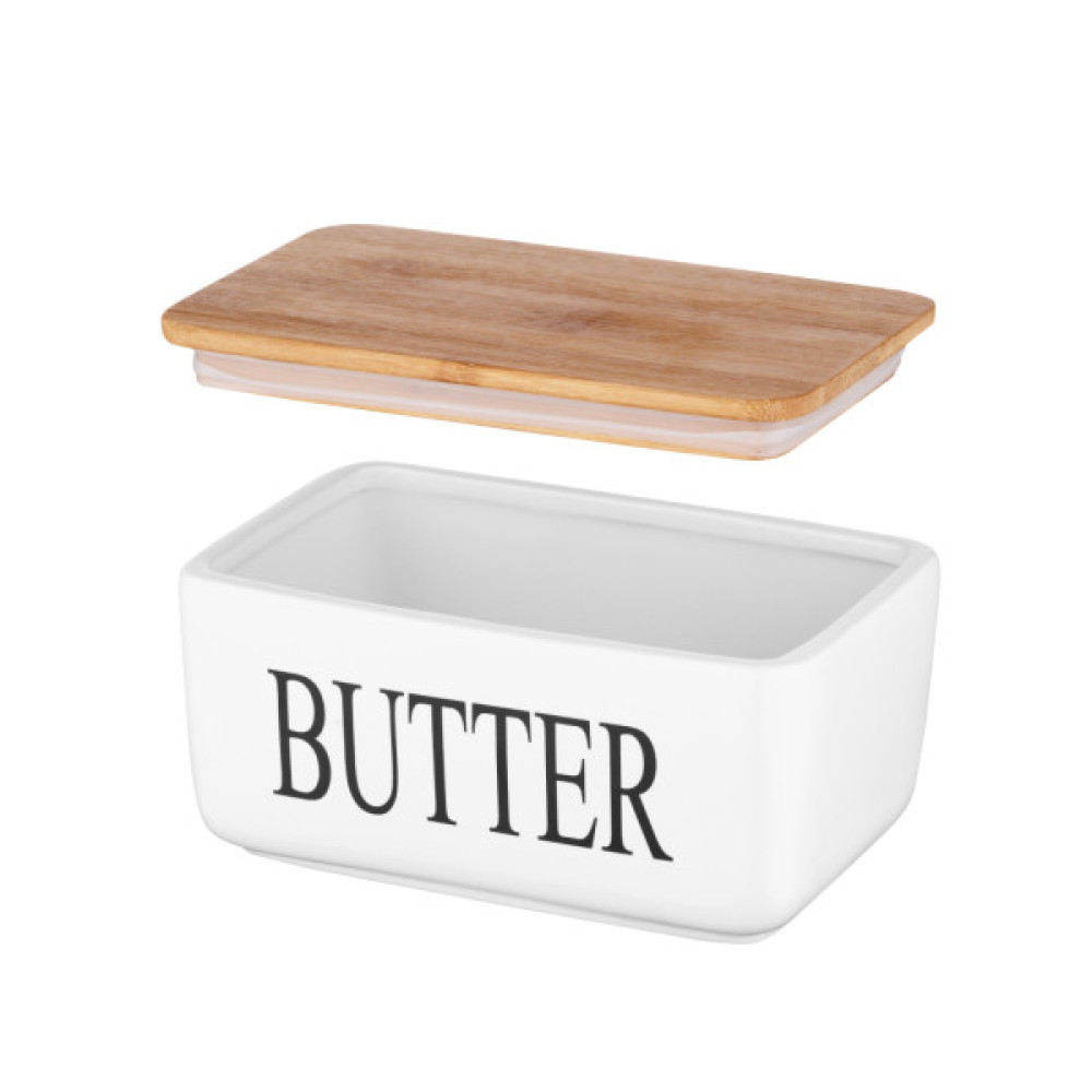 Маслянка кухонна Ardesto Midori 16.5х10х8см, кераміка, бамбук, біла (AR0908W)