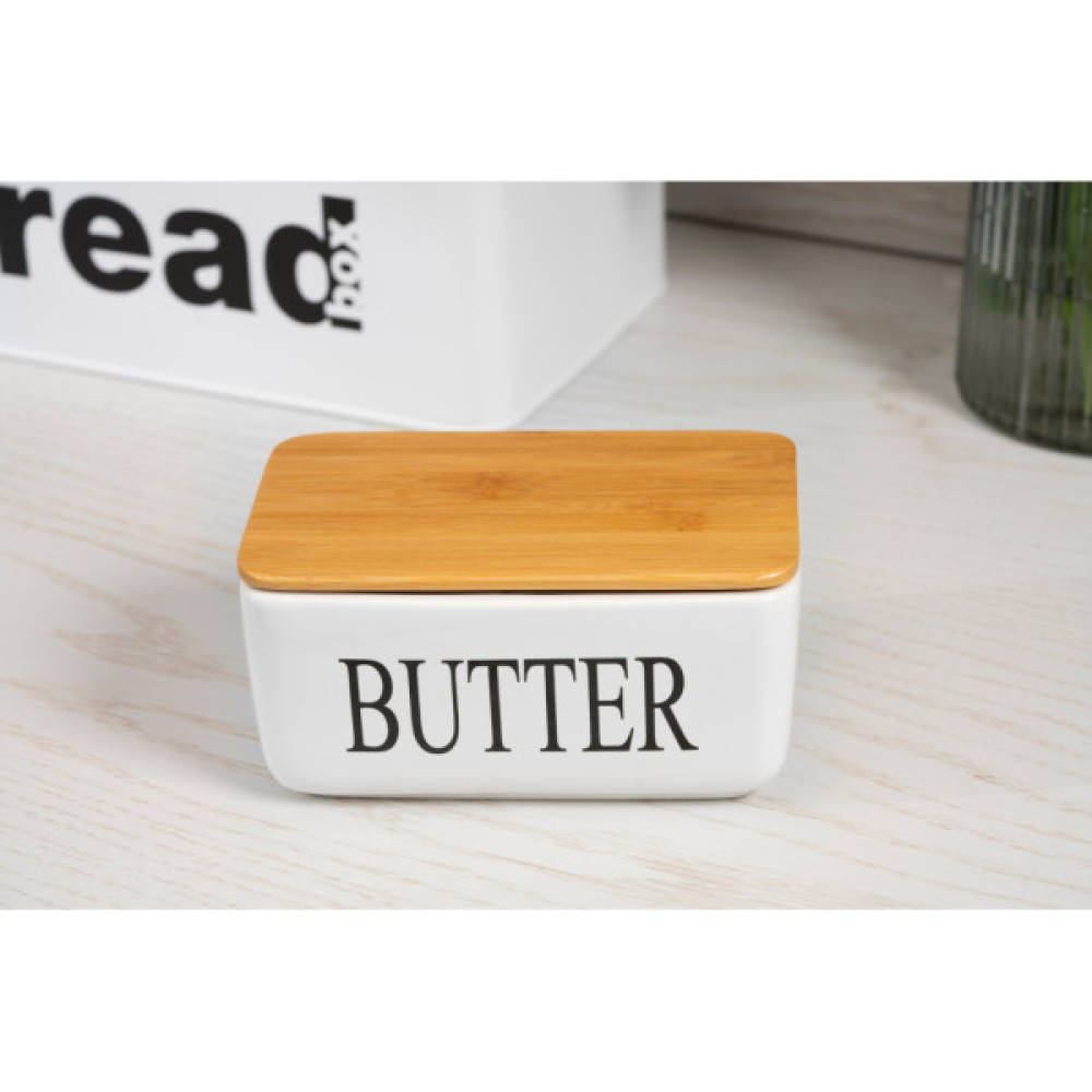 Маслянка кухонна Ardesto Midori 16.5х10х8см, кераміка, бамбук, біла (AR0908W)