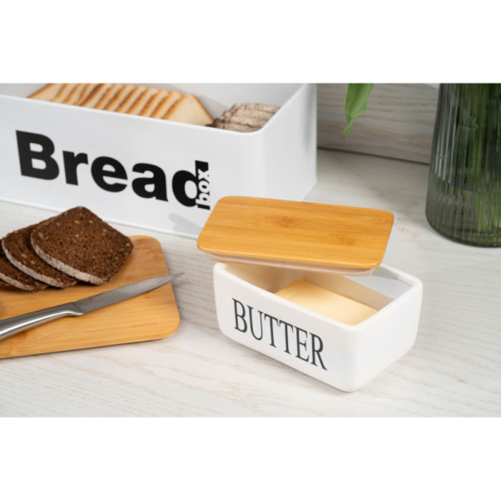 Маслянка кухонна Ardesto Midori 16.5х10х8см, кераміка, бамбук, біла (AR0908W)