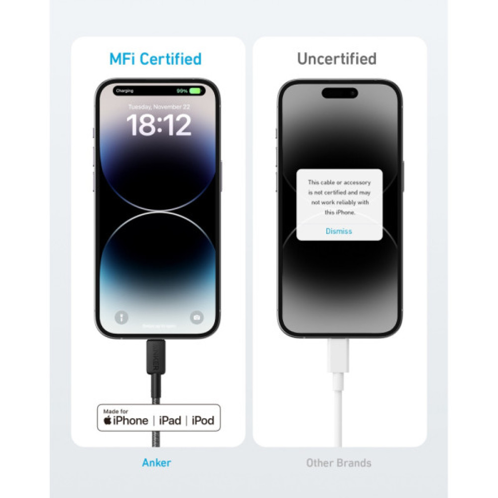 Дата кабель USB-C to Lightning 1.8m nylon 322 black Anker (A81B6G11)