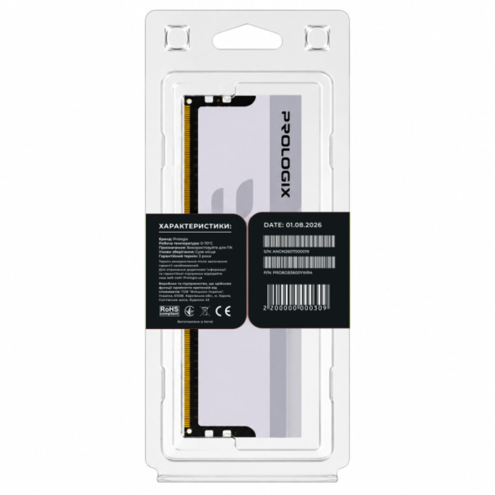 Модуль пам'яті для комп'ютера DDR4 8GB 3600 MHz Onyx White RGB Prologix (PRO8GB3600YWR4)