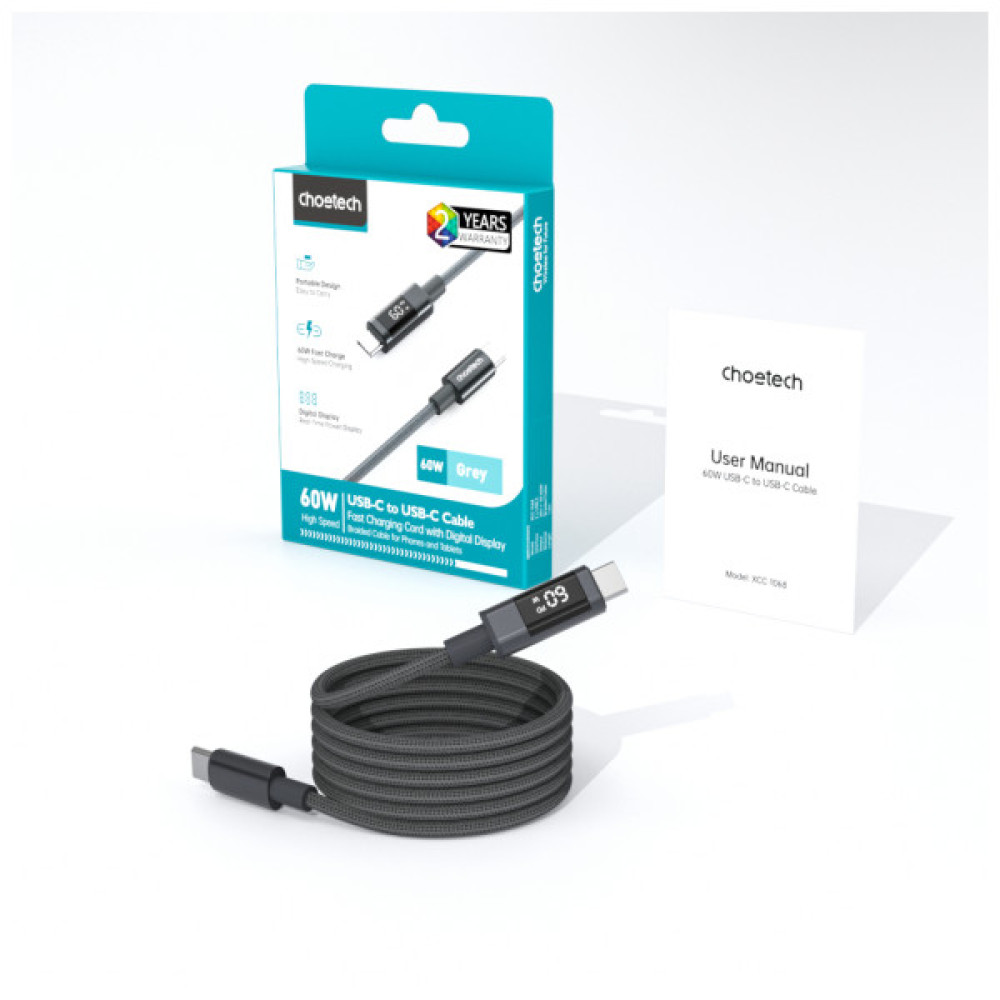 Дата кабель USB-C to USB-C 1.2m PD60W digital display nylon gray Choetech (XCC-1068-GY)