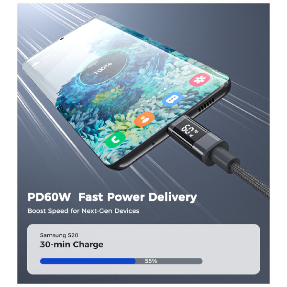Дата кабель USB-C to USB-C 1.2m PD60W digital display nylon gray Choetech (XCC-1068-GY)