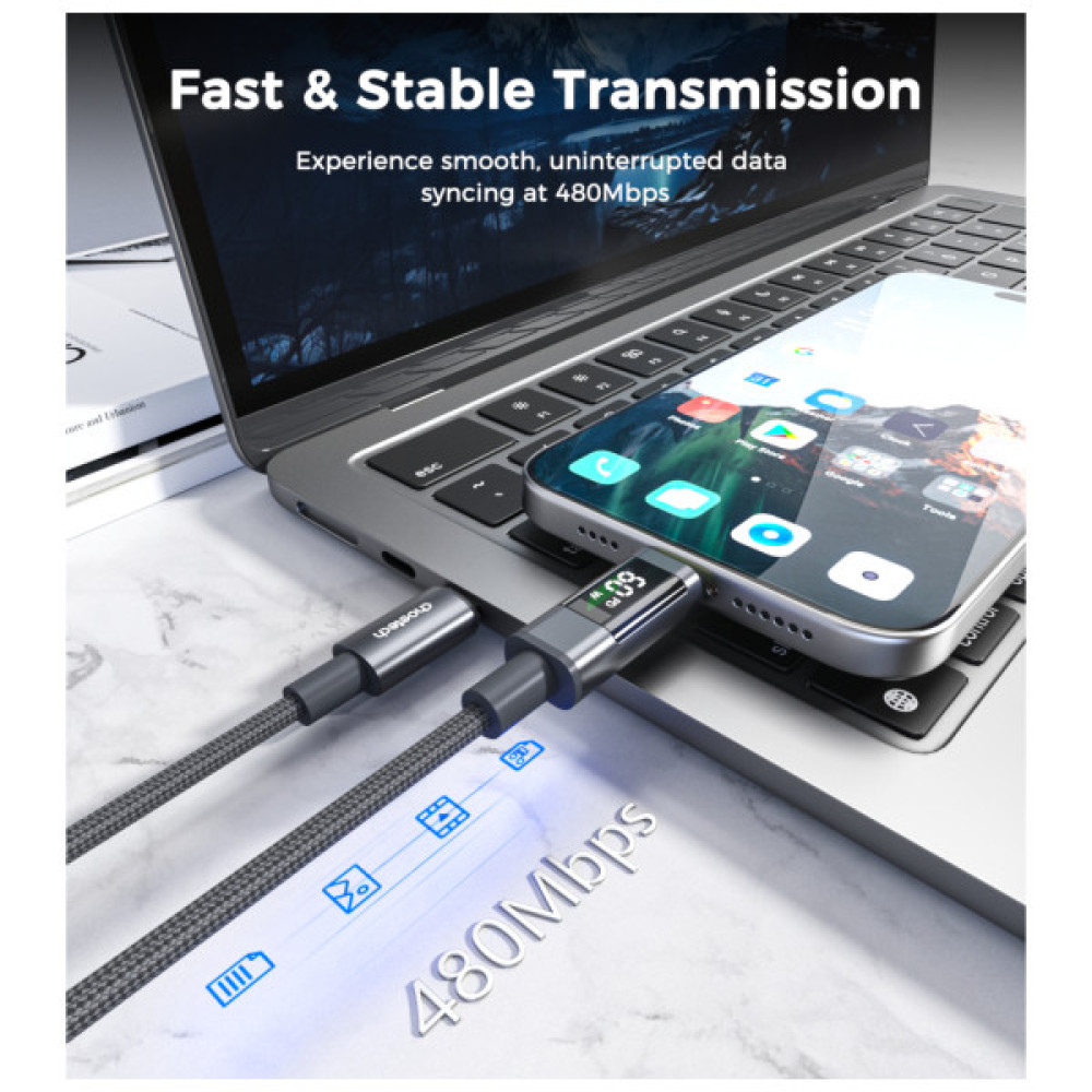 Дата кабель USB-C to USB-C 1.2m PD60W digital display nylon gray Choetech (XCC-1068-GY)