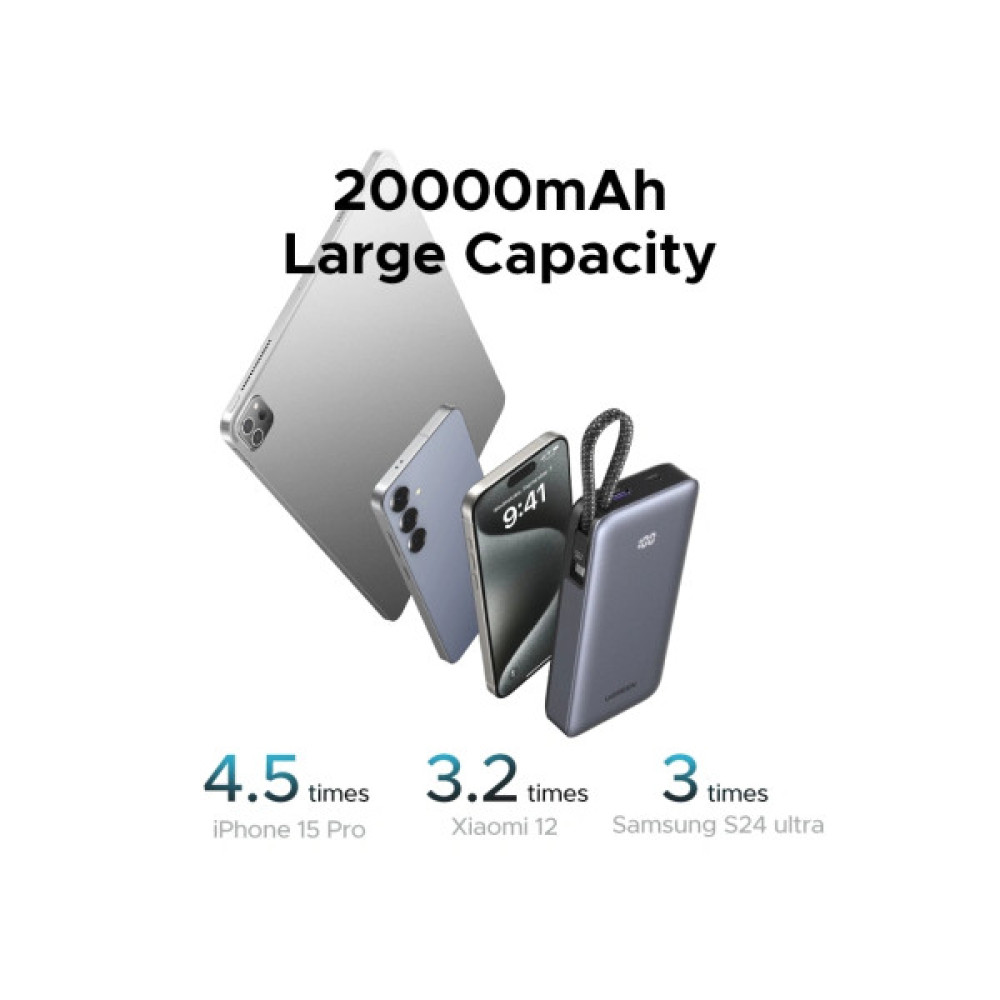 Батарея універсальна Ugreen 20000mAh 45W with Built-in Cable (PB536 55988B)