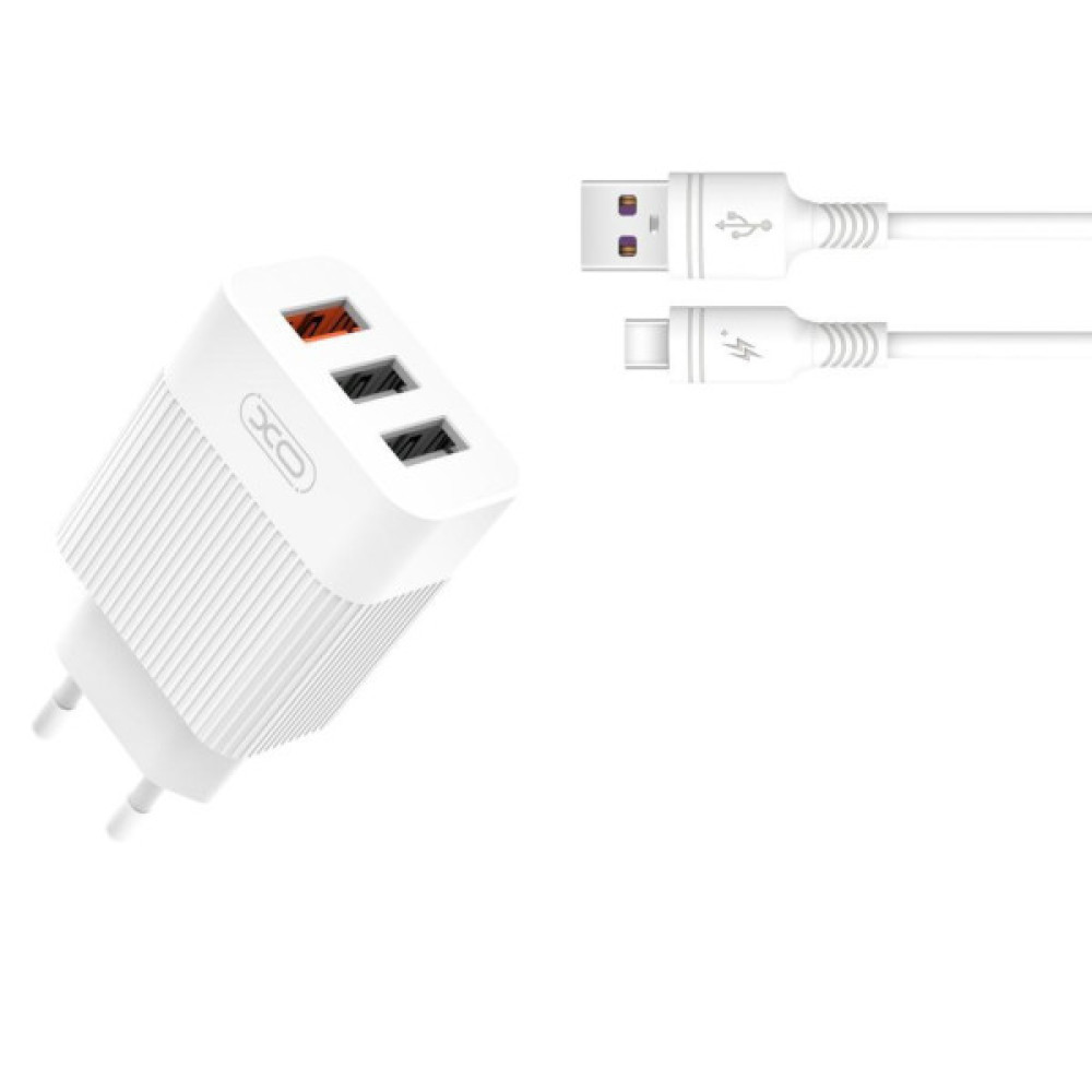 Зарядний пристрій XO 1xUSB QC3.0 18W + 2xUSB 2.4A + cable USB-C white (L72-TC-WH)