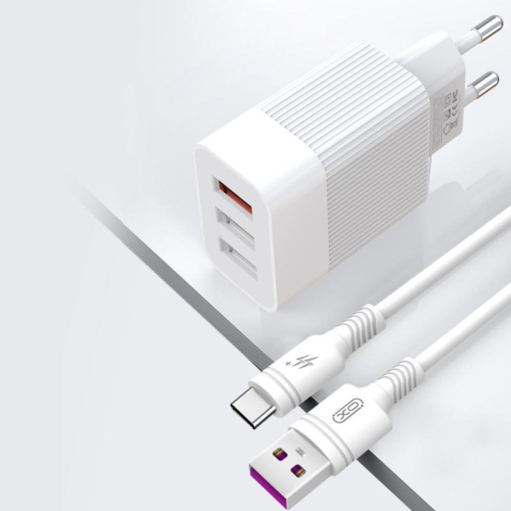 Зарядний пристрій XO 1xUSB QC3.0 18W + 2xUSB 2.4A + cable USB-C white (L72-TC-WH)