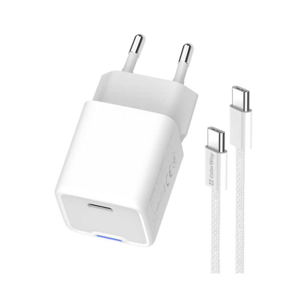Зарядний пристрій ColorWay GaN Mini 30W PD Port PPS USB (Type-C PD + USB QC4.0) cable Type-C (CW-CHS053PDC-WT)