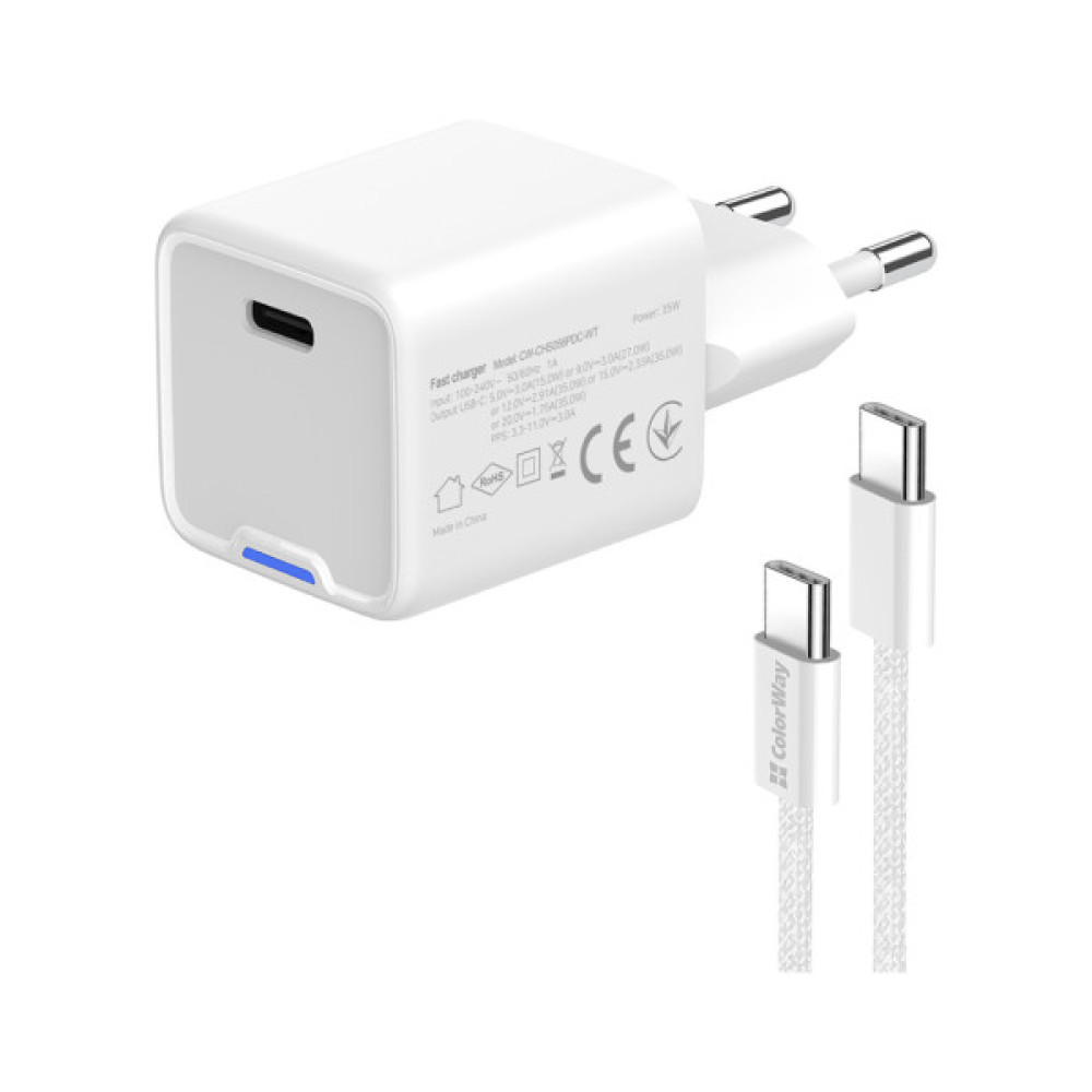 Зарядний пристрій ColorWay GaN Mini 30W PD Port PPS USB (Type-C PD + USB QC4.0) cable Type-C (CW-CHS053PDC-WT)