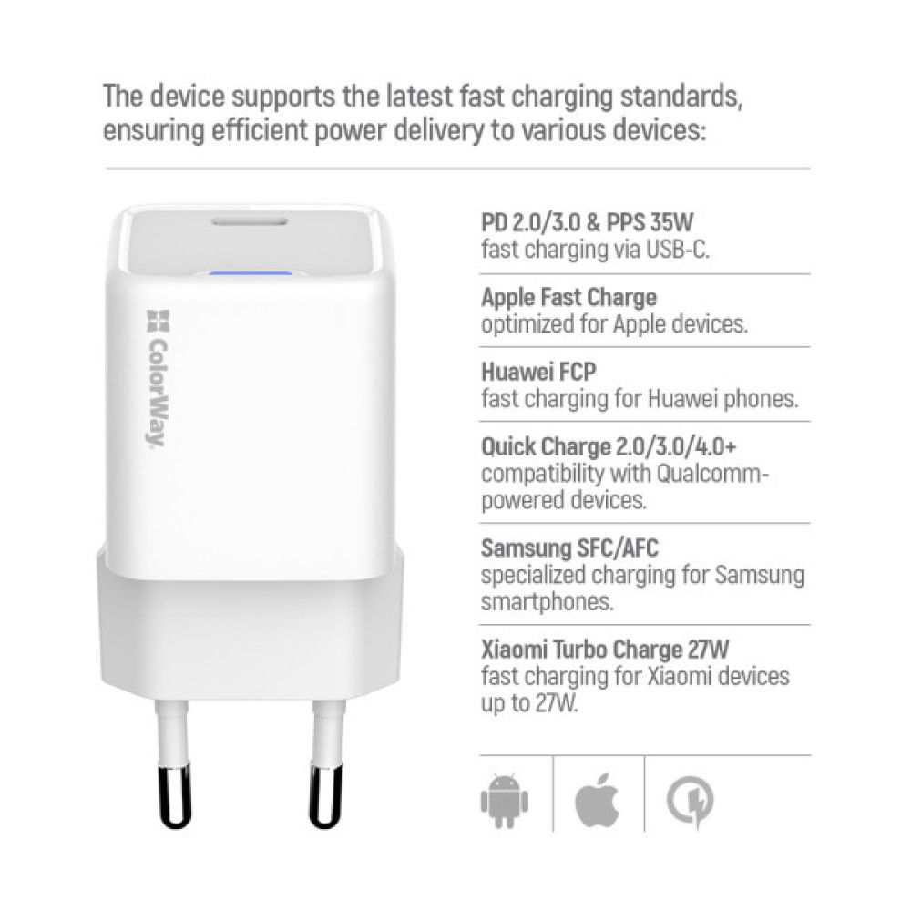 Зарядний пристрій ColorWay GaN Mini 30W PD Port PPS USB (Type-C PD + USB QC4.0) cable Type-C (CW-CHS053PDC-WT)