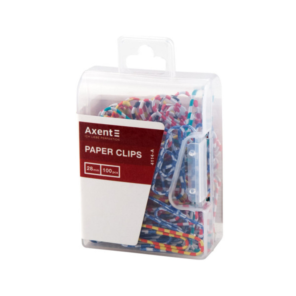 Скріпки канцелярські Axent кольорові смугасті, 28мм 100шт ( пластиковий контейнер) (4114-A)