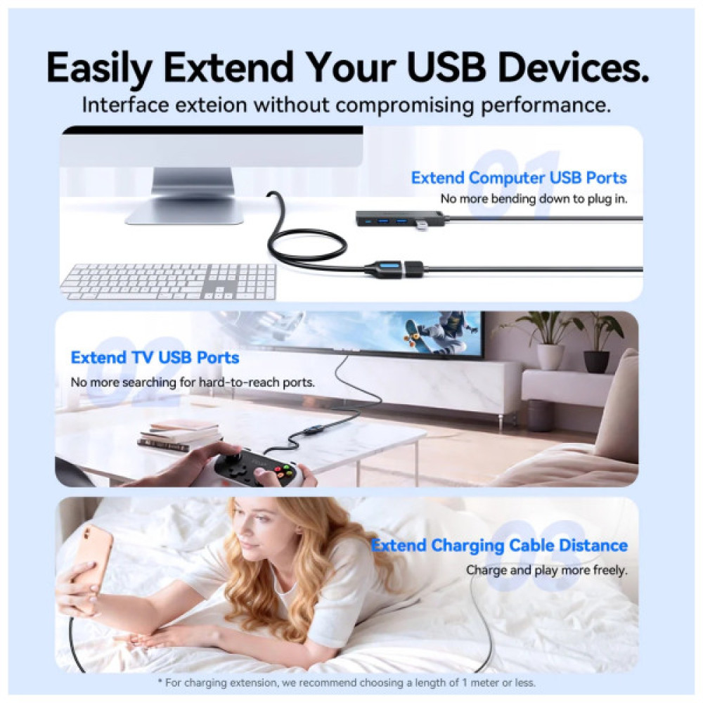 Дата кабель USB 3.2 AM/AF 2.0m 10Gbps PVC black Vention (CBOBH)