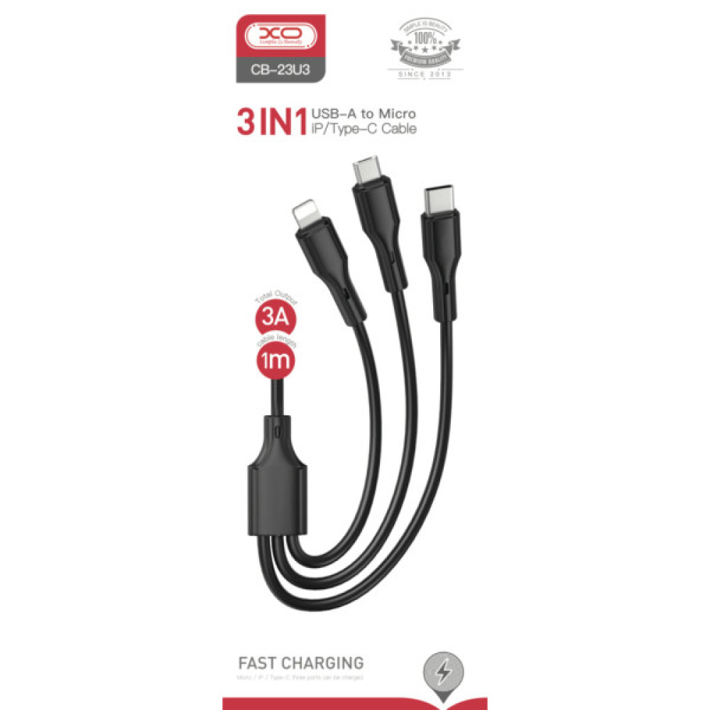 Дата кабель USB 2.0 AM to Lightning + Micro 5P + USB-C 3A black XO (CB-23U3-BK)
