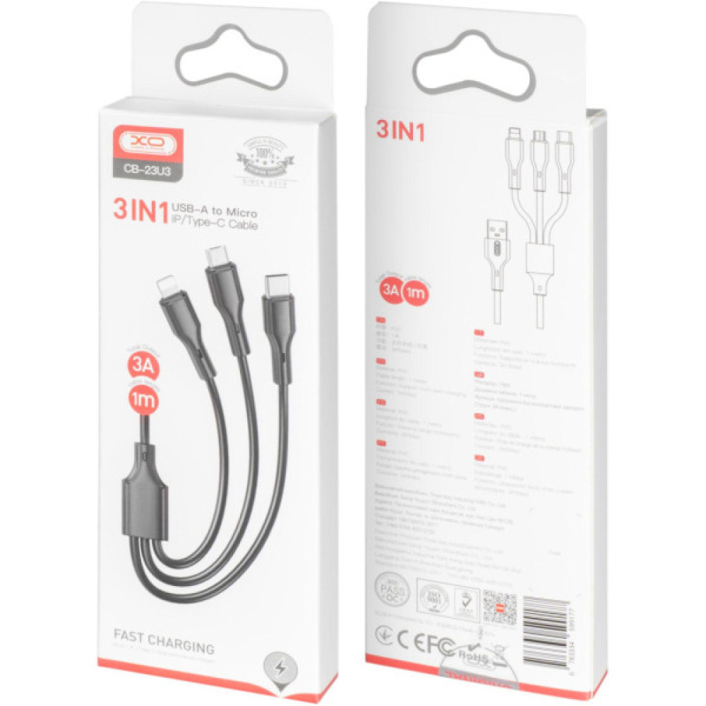 Дата кабель USB 2.0 AM to Lightning + Micro 5P + USB-C 3A black XO (CB-23U3-BK)
