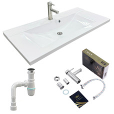 Набір для ванної кімнати, раковина, умивальник Adamant QUANTO 100, штучний камінь, прямокут., з сифоном Click-Clack + змішувач