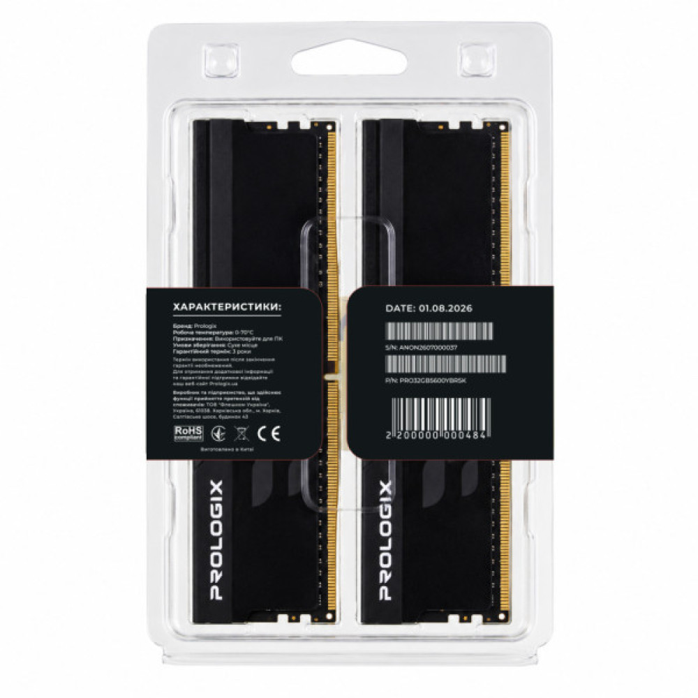 Модуль пам'яті для комп'ютера DDR5 32GB (2x16GB) 5600 MHz Onyx Black RGB Prologix (PRO32GB5600YBR5K)