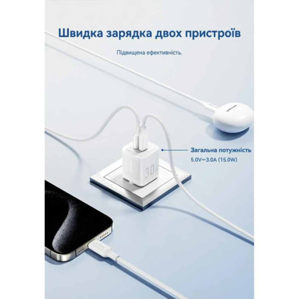 Зарядний пристрій Vention 1xUSB-C PD30W + 1xUSB QC3.0 30W GaN + cable USB-C to USB-C 1.0m white (TZ-FEQW0-EU-01)