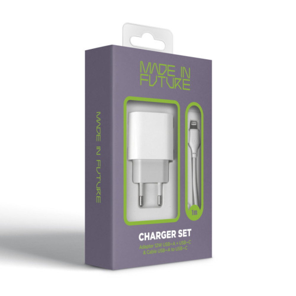 Зарядний пристрій MadeInFuture MFS12 12W 1xUSB-A + 1xUSB-C + cable USB-A to Lightning White (MIF82823)