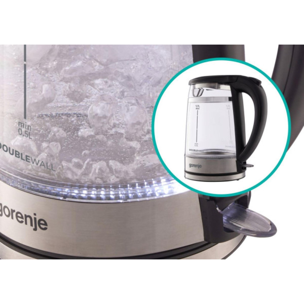 Електрочайник Gorenje 1.7л, 2,200 Вт, strix контроль, скло, чорний