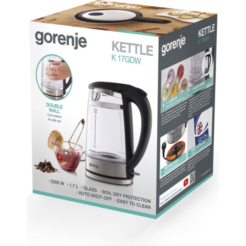 Електрочайник Gorenje 1.7л, 2,200 Вт, strix контроль, скло, чорний