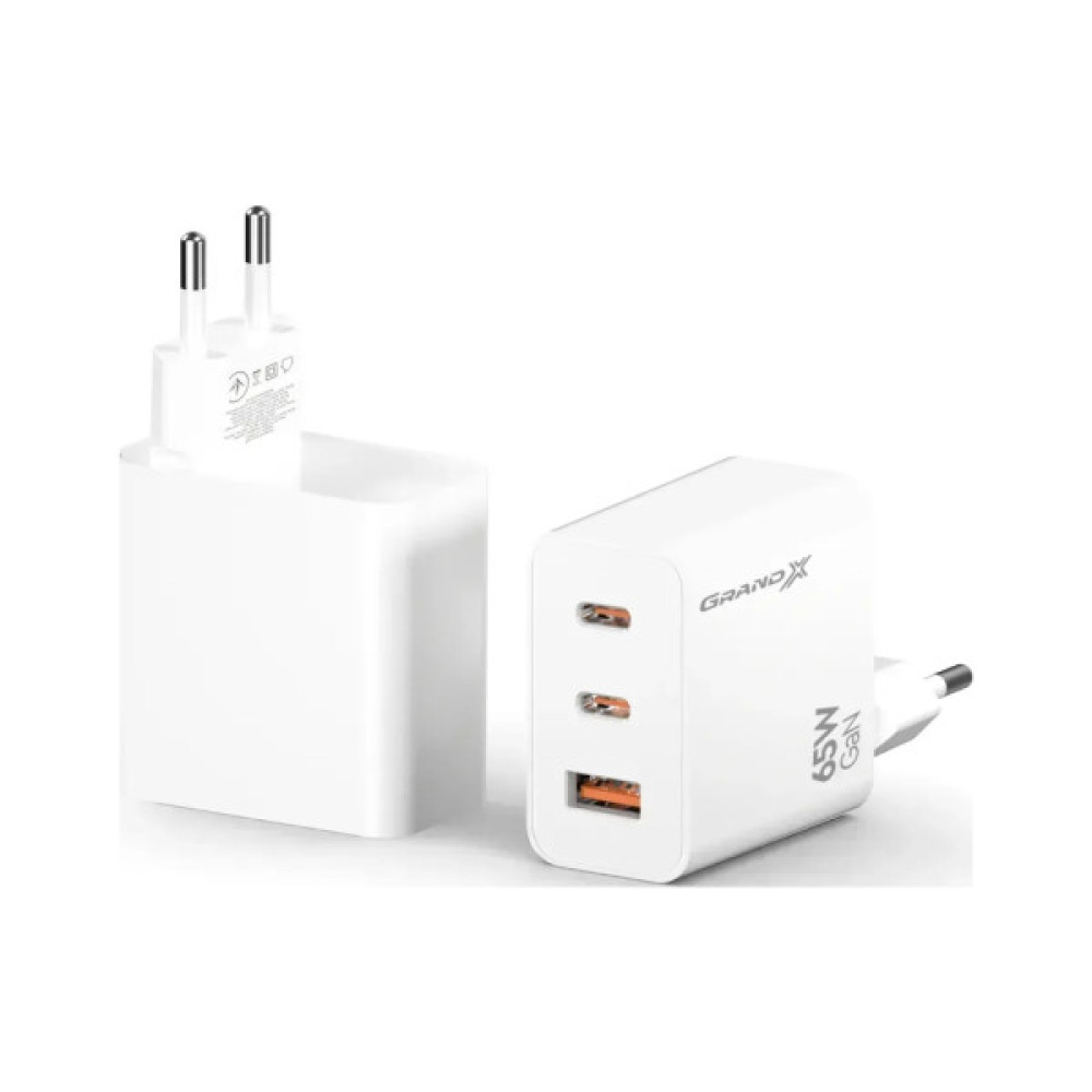 Зарядний пристрій Grand-X GaN 2xUSB-C + 1xUSB 65W PD3.0 QC4.0 AFC SCP FCP white (CH-990W)