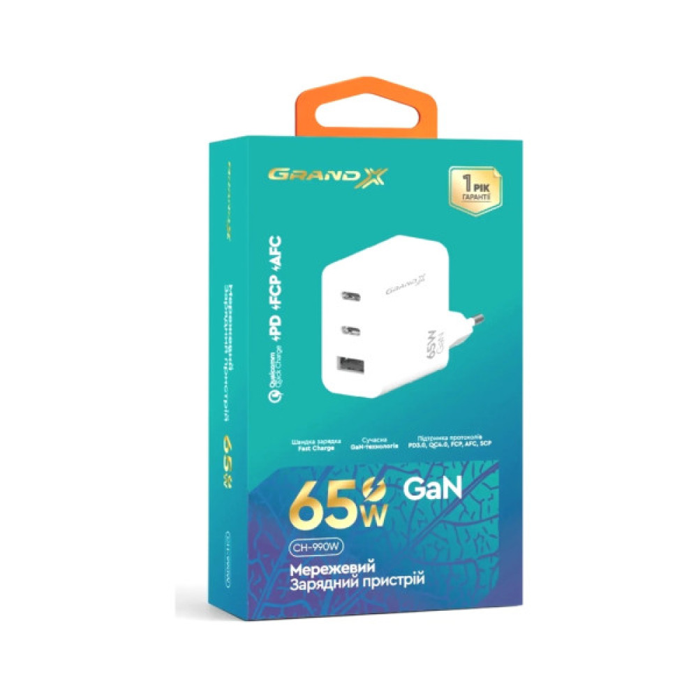 Зарядний пристрій Grand-X GaN 2xUSB-C + 1xUSB 65W PD3.0 QC4.0 AFC SCP FCP white (CH-990W)