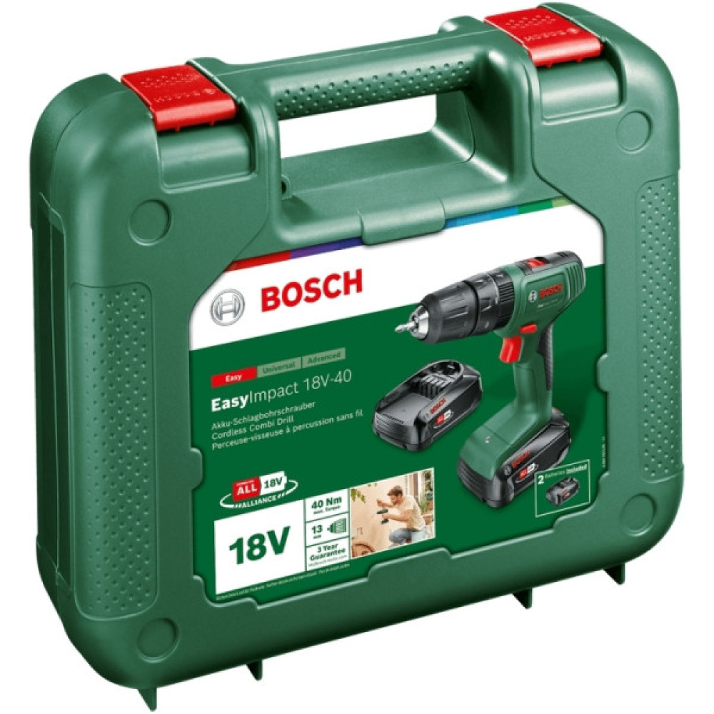 Шурупокрут-дриль акумуляторний Bosch EasyImpact 18V-40 18В 2х1.5А·год 20·38Нм 0-430·0-1650об/хв кейс ЗП 1.4кг