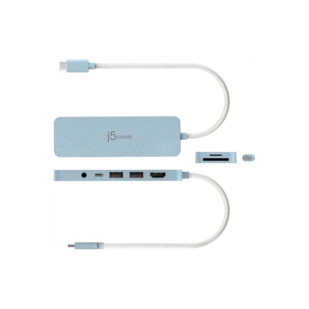 Концентратор J5create USB-C 6-in-1 2xUSB 3.2 + USB-C PD + HDMI 4K + SD/TF + 3.5mm cyan (JCD373EC-N)