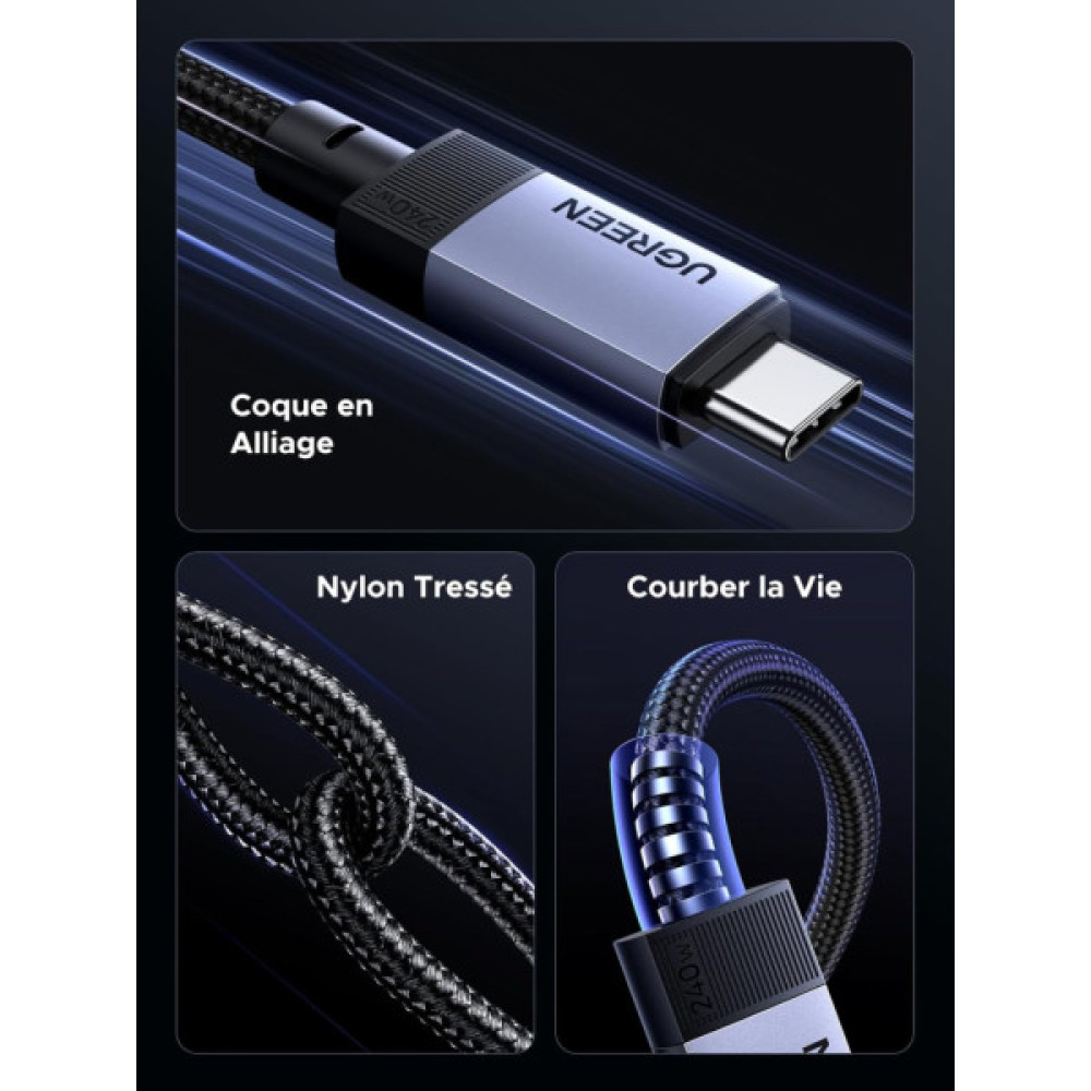 Дата кабель USB-C to USB-C 2.0m 240W 10Gbps braided black Ugreen (95619)
