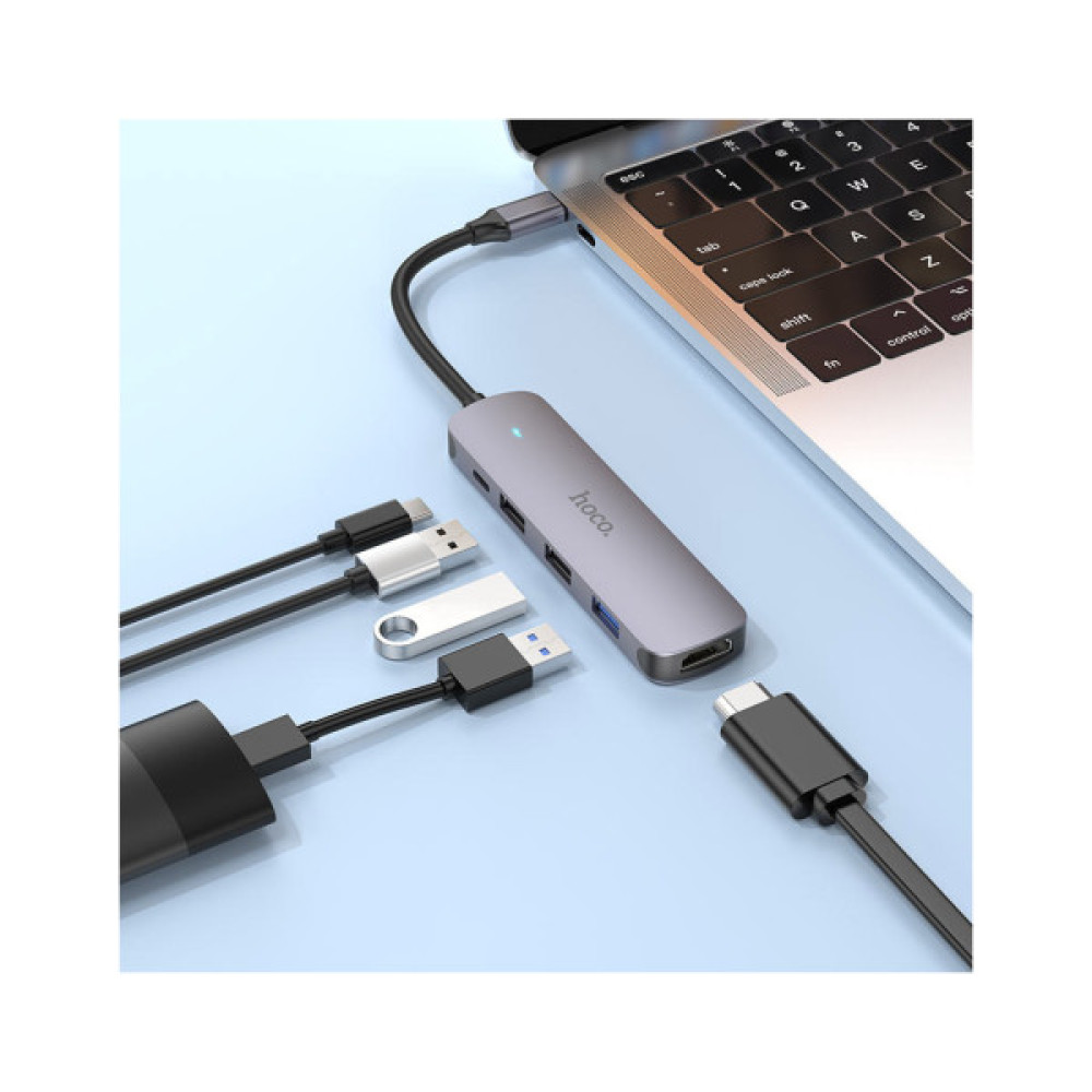 Концентратор HOCO USB-C to HDMI+USB3.0+2xUSB2.0+PD HB27 Metal Gray (6931474769329)