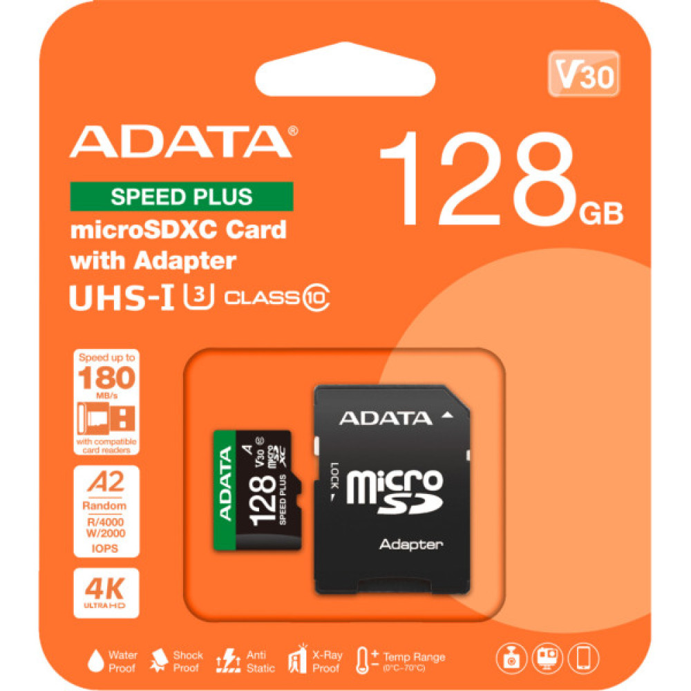 Карта пам'яті ADATA 128GB microSD class 10 UHS-I U3 V30 A2 Speed Plus (UD128GUI3V30A2SP-RA1)