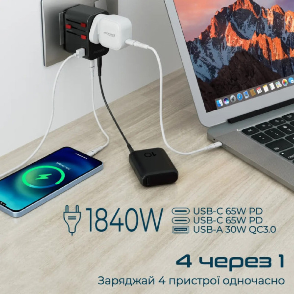 Зарядний пристрій Promate tripmate-gan65.black