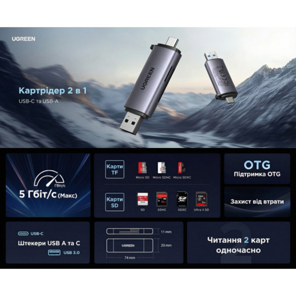 Зчитувач флеш-карт Ugreen USB-C + USB to TF/SD 3.0 CM185 gray (50706)