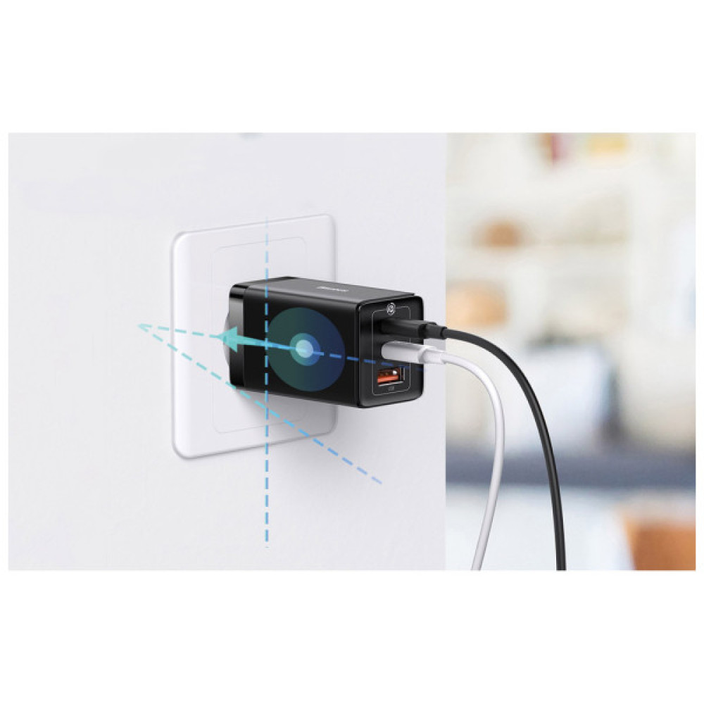 Зарядний пристрій Baseus 2xUSB-C 65W + 1xUSB GaN + cable USB-C to USB-C 100W 1.0m black (CCGP120201)