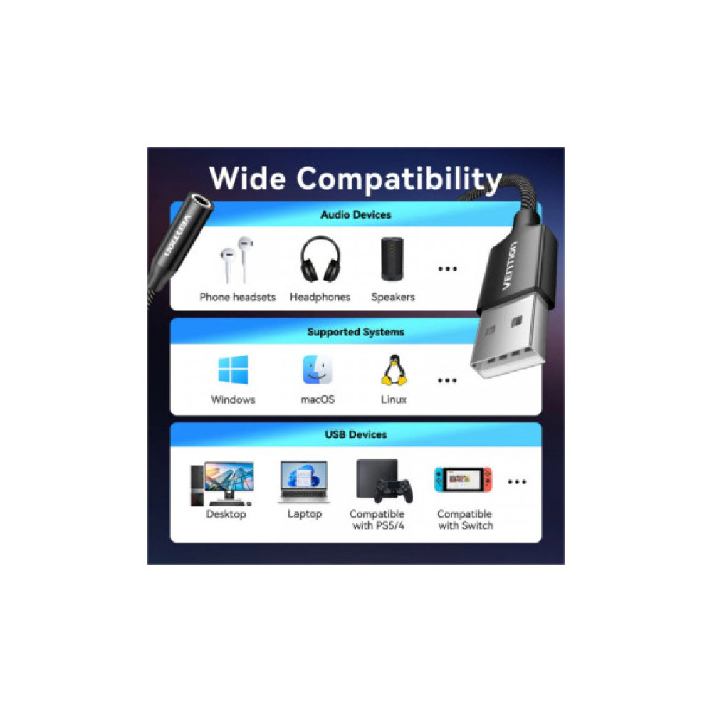 Звукова плата VENTION USB AM to 3.5mm F 0.25m (4pin) 96kHz/24bit DSP noise reduction (CVEBC)