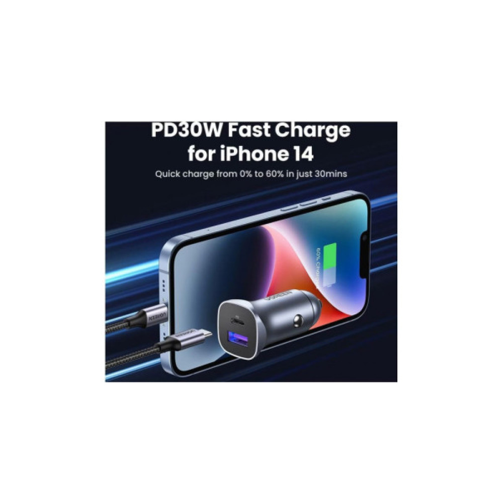 Зарядний пристрій Ugreen 1xUSB-C + 1xUSB 30W car adapter CD130 black (40858)