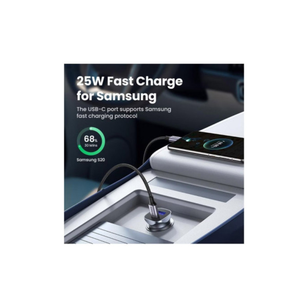 Зарядний пристрій Ugreen 1xUSB-C + 1xUSB 30W car adapter CD130 black (40858)
