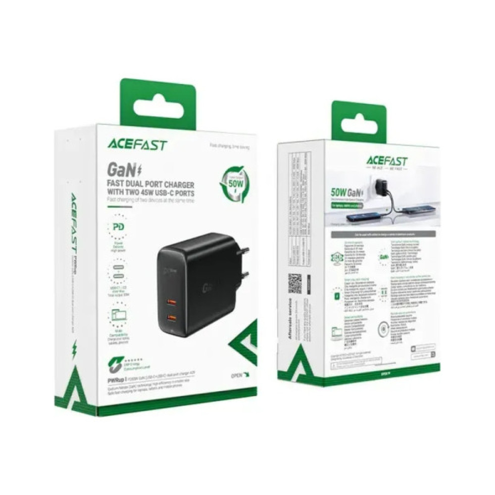 Зарядний пристрій Acefast 2xUSB 50W (USB-C+USB-C) Gan A29 Fast Charger Black (6974316281443)