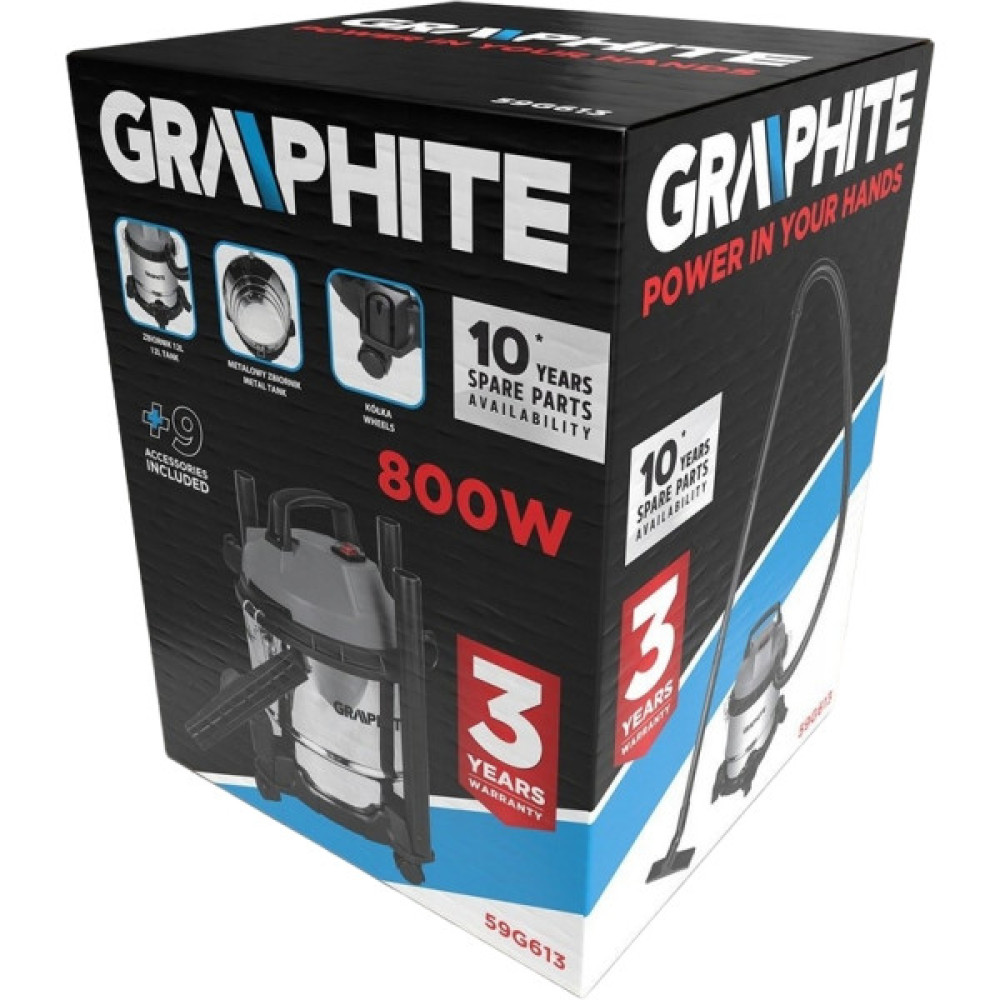 Пилосос професійний GRAPHITE, 800Вт, 12кПа, контейнер 12л, колеса