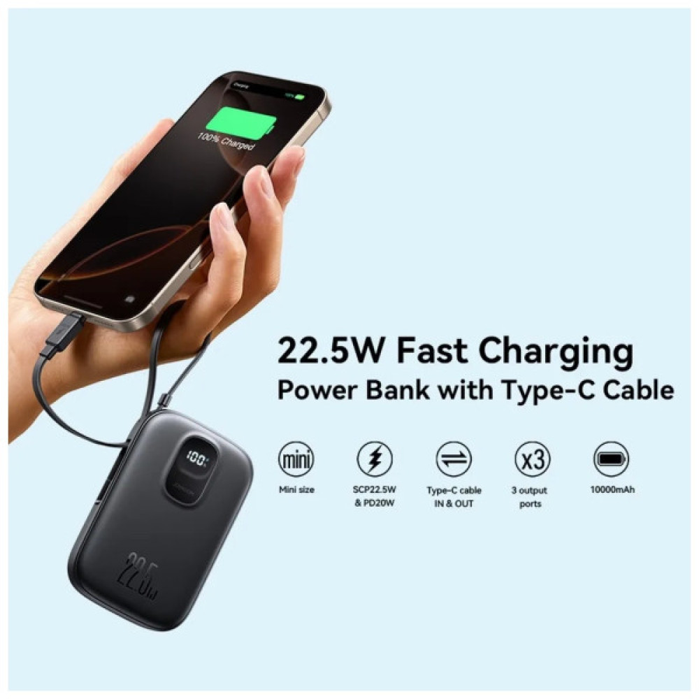 Батарея універсальна JOYROOM 10000mAh, 22.5W, PD, QC, built-in USB-C cable, Black (JR-PBF17)