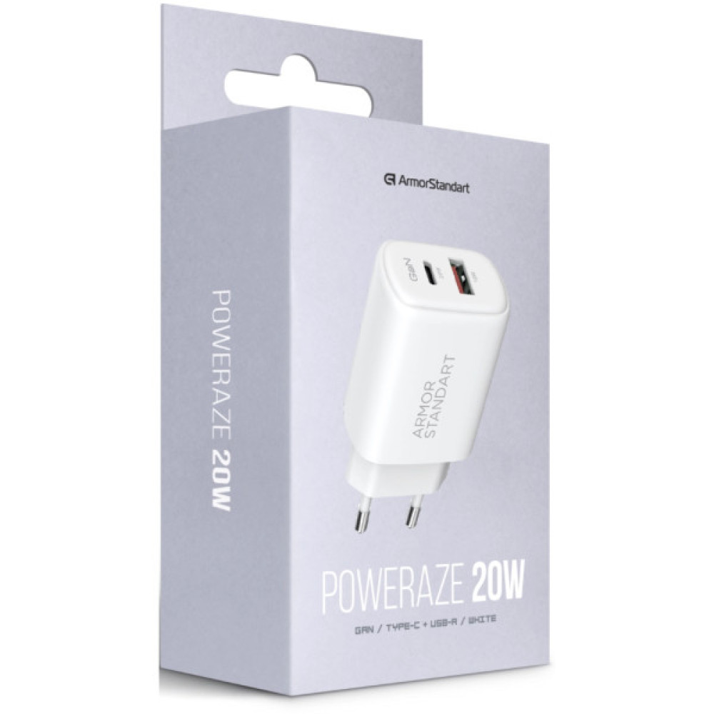 Зарядний пристрій Armorstandart 1xUSB-C PD25W + 1xUSB QC3.0 GaN white (ARM87066)