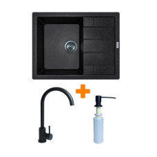 Набір кухонний Adamant Anila, штучний камінь, прямокут., з крилом, 645х495х200мм, чаша - 1, врізна, чорний + змішувач та дозатор