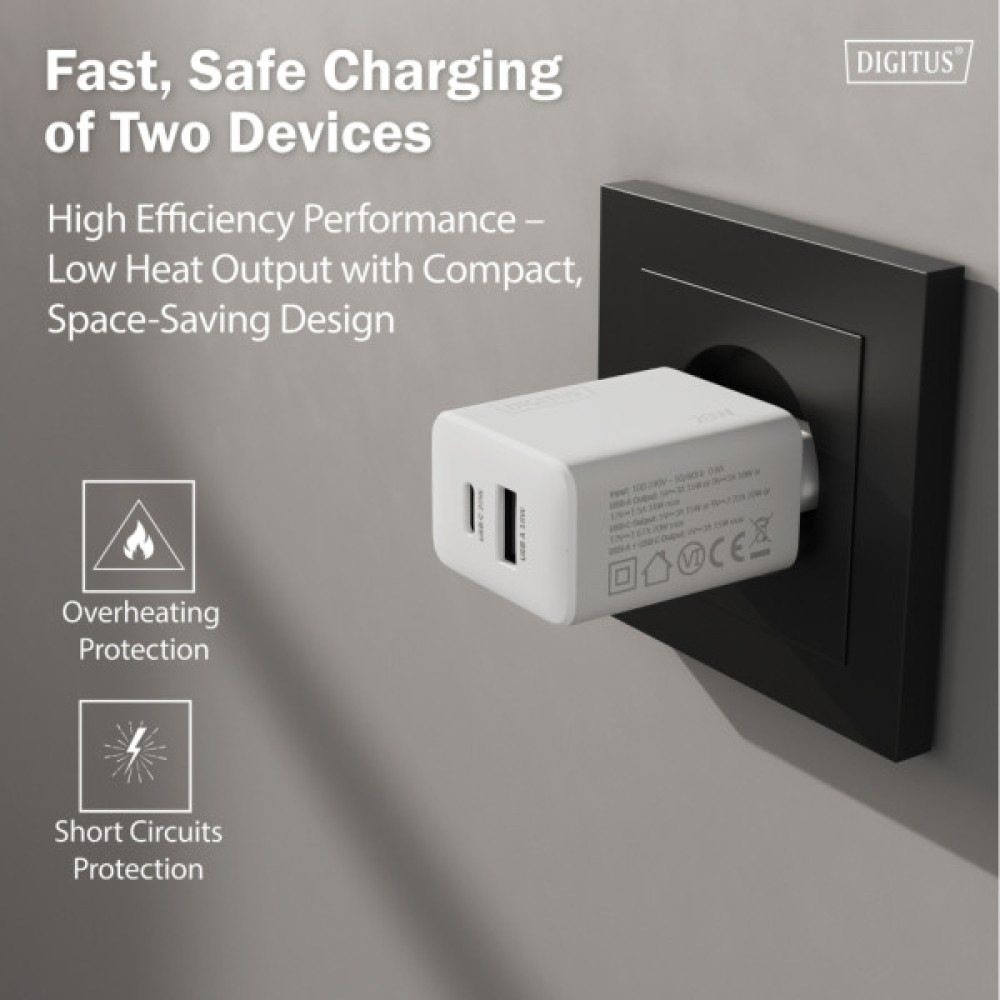 Зарядний пристрій Digitus 1xUSB-C + 1xUSB 20W (DA-10300)