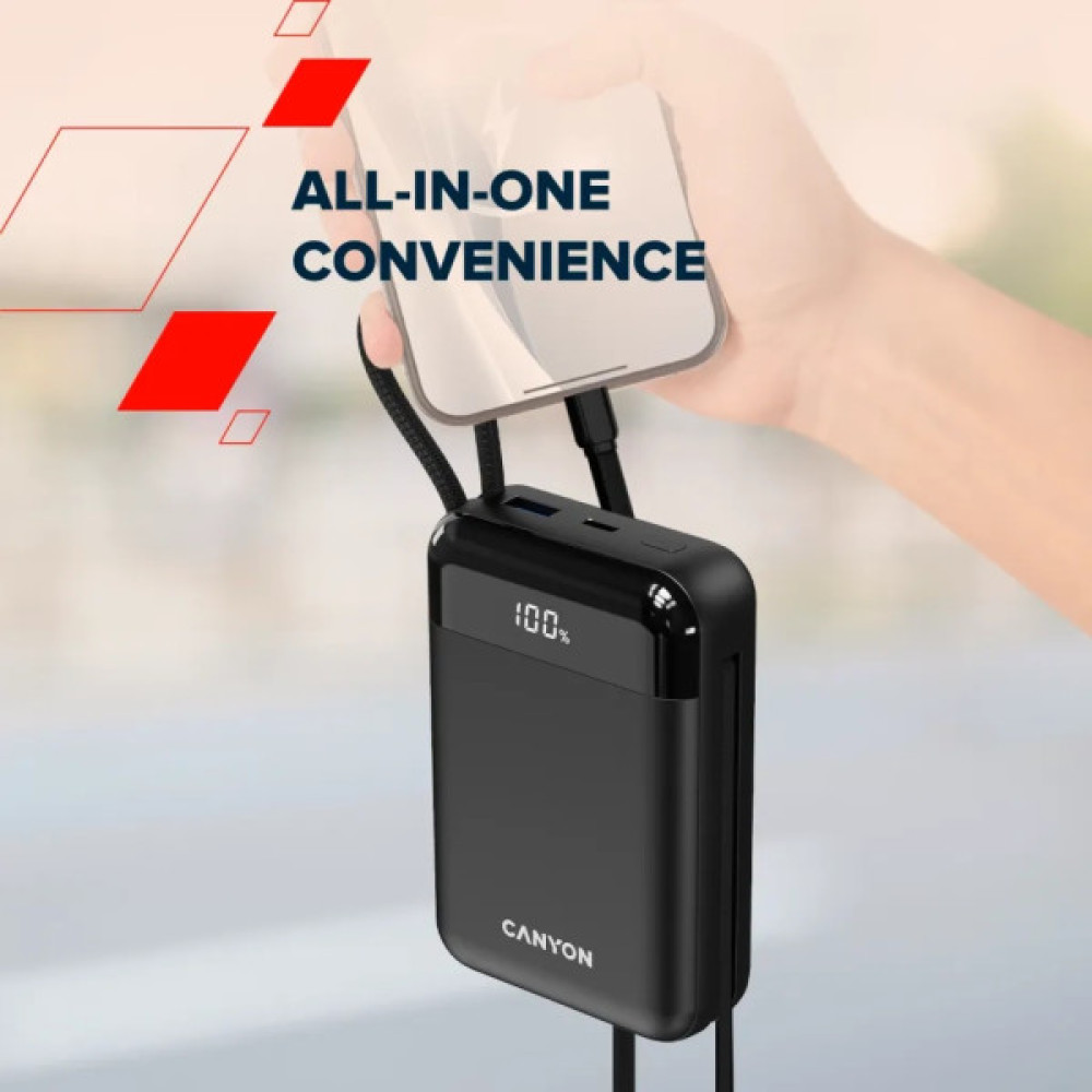 Батарея універсальна Canyon 20000mAh OnPower 204 PD/20W Built-in Lightning Cable (CNS-CPB204B)